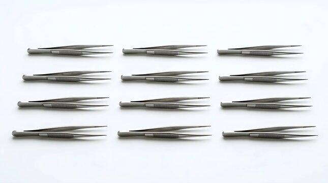 Twelve metal medical tweezers arranged in rows on a white background