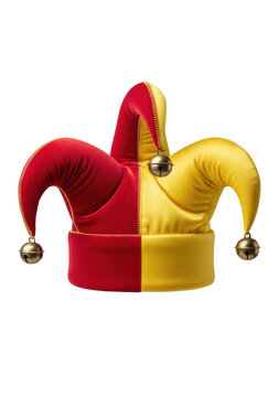 ultra-photorealistic close-up of a vibrant crimson and yellow velvet jester's cap with brass bells, 3/4 view, staged under technical studio lighting. concept for commercial novelty presentation