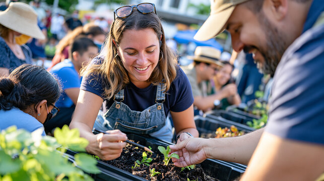 Urban gardening teachers in a crowded community plaza guide a group of mixed age residents through composting trays, one instructor holding up a broken pencil beside a seedling to illustrate the bea