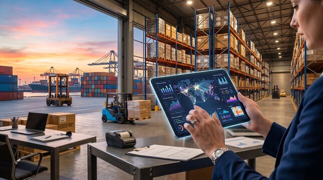 Logistics management and supply chain optimization, a businesswoman using a digital tablet with data analytics in a modern warehouse, global shipping and inventory control for e-commerce.