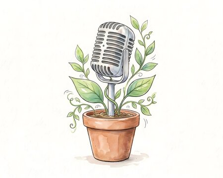 Vintage Silver Microphone Growing from a Ceramic Plant Pot with Green Foliage