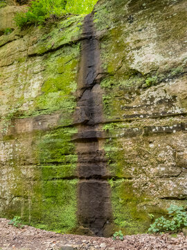 Dry waterfall on a majestic mossy sandstone canyon wall at Starved Rock State Park with green foliage