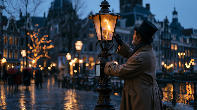 A lamplighter in period coat igniting a tall iron street lamp on a rain-slicked cobblestone boulevard at blue hour, delivery time pressure visible on a notification screen mounted anachronistically 