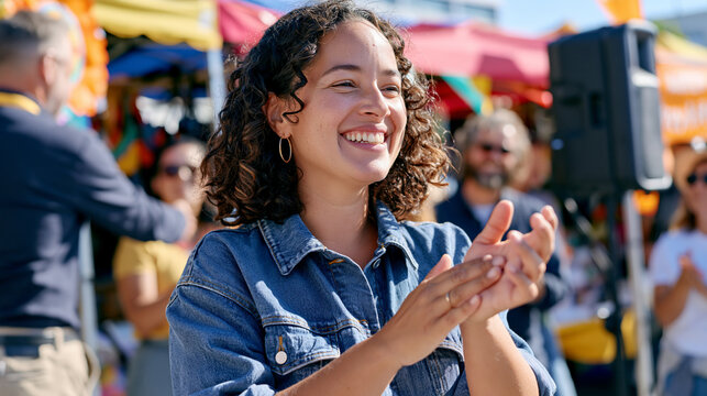A procurement specialist accepting a volunteer recognition certificate at a crowded vibrant outdoor market ceremony, aftermath of an award moment caught mid-applause, colourful vendor stalls surroun
