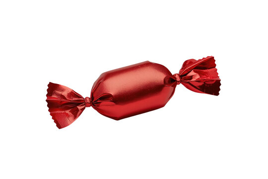 Glossy red wrapped candy with twisted ends
