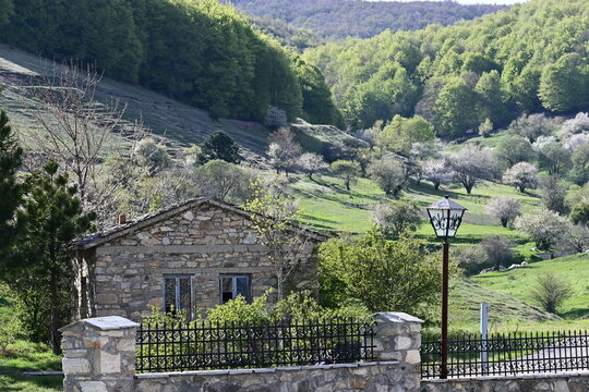 Traditional stone houses in the historic village of Nymfaio, Western Macedonia, Greece.
