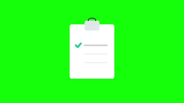 Flat vector illustration of a white business clipboard with teal checkmarks and grey horizontal lines, signifying task completion and productivity, set against a bright green background.