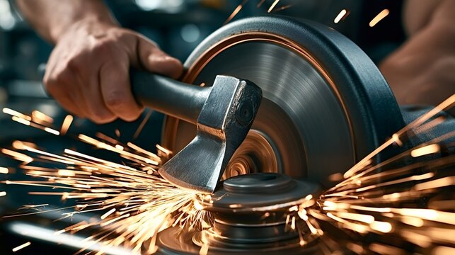 Worker sharpening an axe blade on a spinning grinding wheel, creating a shower of bright metallic sparks, demonstrating craftsmanship and industrial labor in a workshop setting