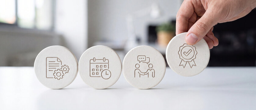 Hand placing a white stone block with a quality seal icon, representing business process, scheduling, communication, and success