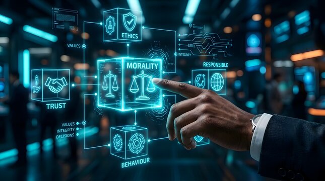 Hand Interacting with Futuristic Digital Interface Representing Corporate Ethics Morality and Values