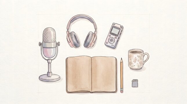 Hand-Drawn Collection of Essential Tools for Creative Podcasting and Audio Recording