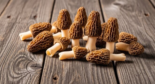 A collection of freshly harvested wild morel mushrooms rests on a weathered, dark wooden surface, showcasing natural textures and earthy tones, savory, morel, delicious