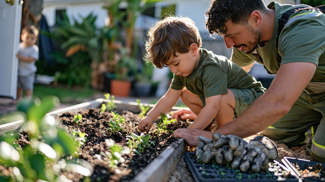 A young child watching through a cracked open back door as a garbage collector carefully tends a newly planted raised garden bed in the backyard, modest suburban home setting, early light, the colle