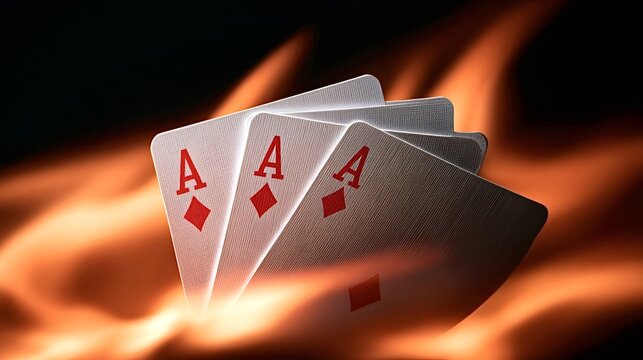 Three aces playing cards made of paper are engulfed in golden orange flames, representing risk, gambling, chance, and a strong hand in a poker game on a dark background
