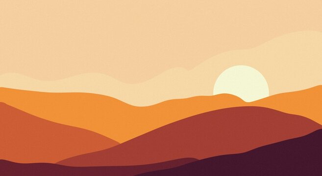 Warm minimalist desert sunset illustration with layered mountains and sun. Wallpapers, website headers, banners, and modern minimalist backgrounds.