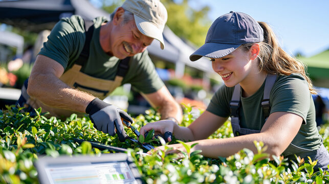 An intergenerational pair of gardeners, a weathered grandfather and teenage grandchild, working a vibrant hedge row together at a colorful neighborhood market, the elder guiding proper trimming tech