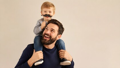 Fototapeta premium Happy Father and Son Bonding Time Playing with a Fake Mustache Prop for a Portrait Session