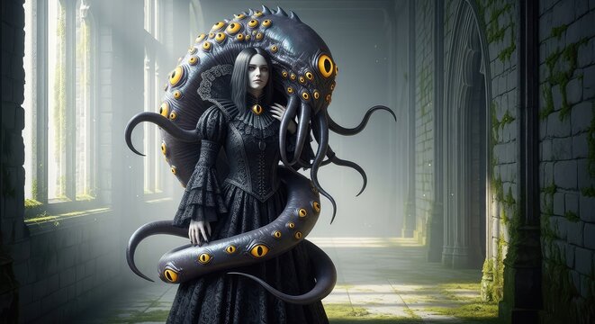 A pale humanoid figure in dark victorian lace gently embraces a many-eyed eldritch beast within a foggy stone corridor of a ruined manor, lighting, castle, foggy