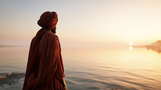 Back view of person wearing Sikh turban by tranquil lake, spirituality and tradition concept