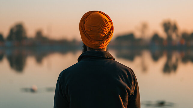 Back view of person wearing Sikh turban by tranquil lake, spirituality and tradition concept