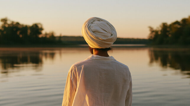 Back view of person wearing Sikh turban by tranquil lake, spirituality and tradition concept