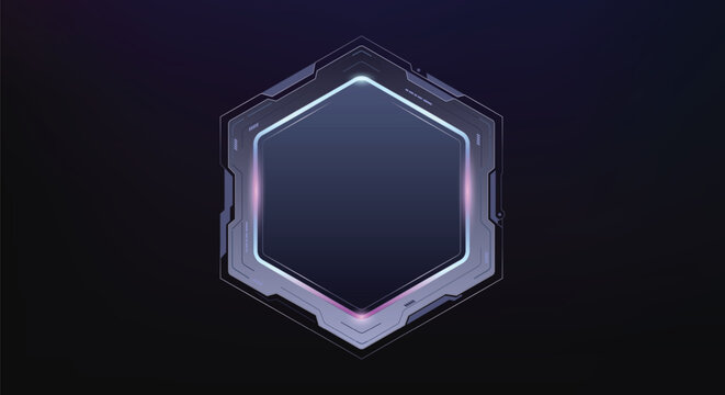 Futuristic HUD hexagonal frame vector glowing neon light effects, hi tech mechanical UI elements, and a dark background, digital technology displays, and modern tech dashboards