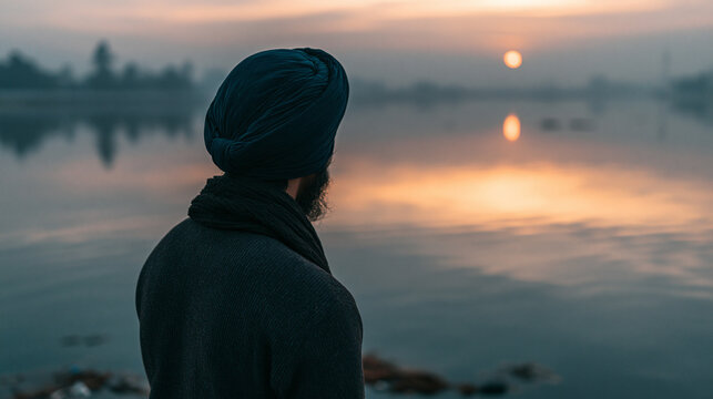 Back view of person wearing Sikh turban by tranquil lake, spirituality and tradition concept