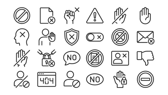 Collection of black line icons depicting various symbols of rejection and prohibition