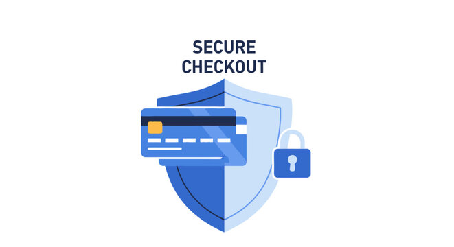 Secure Checkout Vector Illustration with Credit Card, Shield and Padlock - E-commerce Safety and Online Payment Security Concept