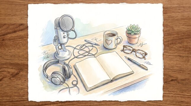 Hand Drawn Illustration of a Creative Podcast Studio Workspace with Stationery