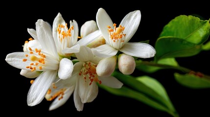 Fototapeta premium Close up of orange blossom cluster against dark background