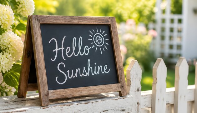 Hello Sunshine Handwritten Message on a Wooden Chalkboard Display in a Sunny Garden Setting