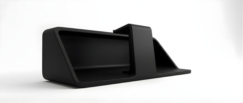 Black Plastic Wedge Shaped Object on a White Background with a Subtle Shadow and Highlight