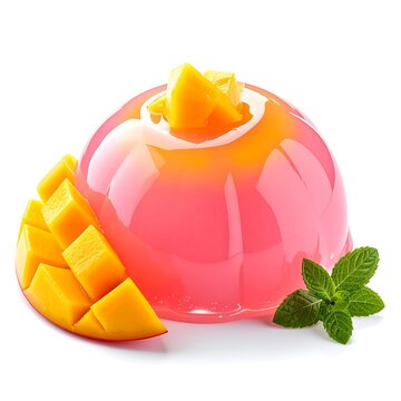 Glossy pink mango dessert with fresh mint leaves.