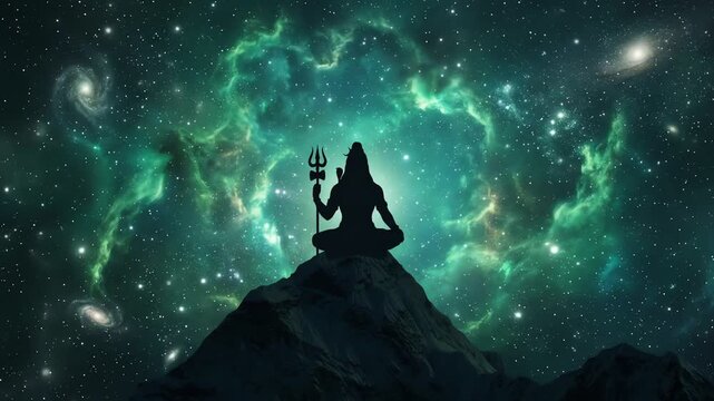 Lord Shiva Meditating on Mount Kailash Amid a Cosmic Nebula with Divine Celestial Energy