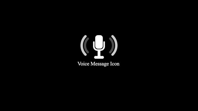 Minimalist voice message icon microphone motion graphic animation with text on black background, looping sound symbol for audio recording, broadcasting, media, streaming, and voice concept.