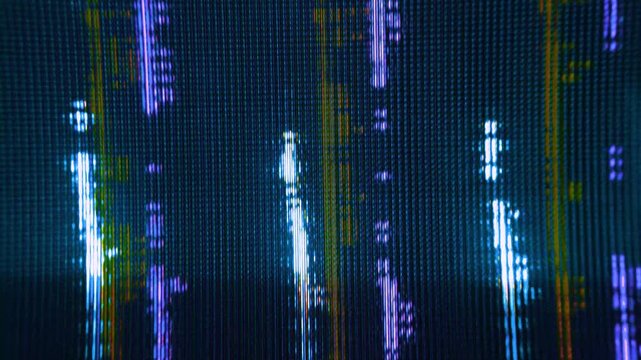 CRT macro glitch flickering overlay, analog video signal broken down to pixelated glitchy bits for transition, overlaypattern or background