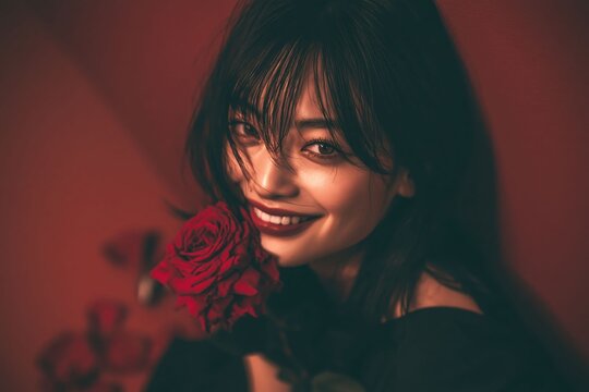 Korean woman holding a red rose creates a romantic and elegant visual perfect for Valentine&rsquo;s Day, fashion, or floral-themed.