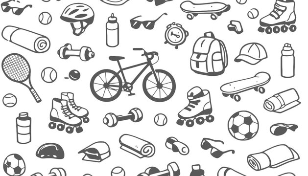 Seamless pattern of sports and fitness equipment outline icons