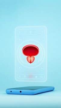 Doctor using mobile app interface on smartphone for prostate health diagnosis, innovative technology for early detection of prostatitis, tumors and prostate cancer. Light blue background.