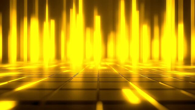 Abstract background with glowing yellow vertical light beams and dark square floor tiles.