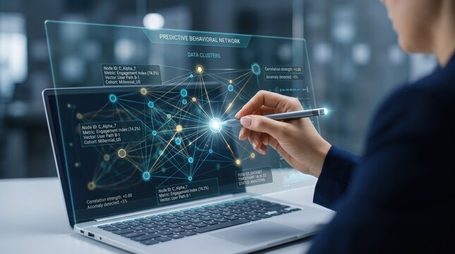 Businesswoman analyzing predictive behavioral network data on futuristic holographic screen, big data visualization, artificial intelligence analytics, corporate strategy planning