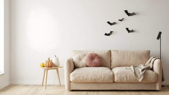 Modern living room interior with beige sofa, side table with pumpkins, and wall decor with paper bats for halloween celebration