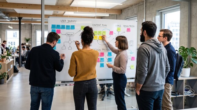 Creative team brainstorming ideas on whiteboard with sticky notes in startup office, planning user journey and content strategy for web design project and agile software