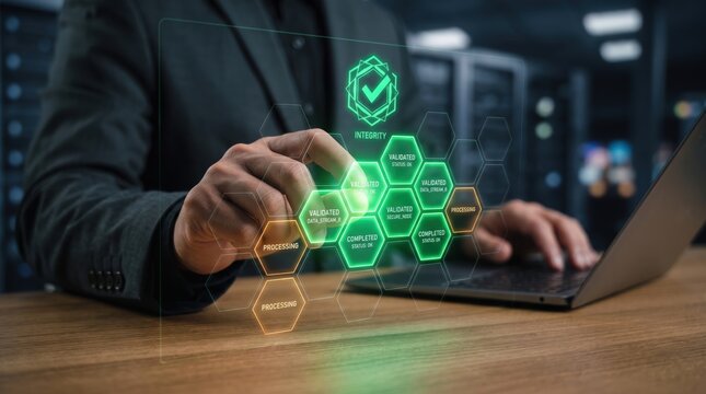 Businessman touching virtual screen with data integrity verification, blockchain technology, secure server room, digital network connection, cybersecurity protection system