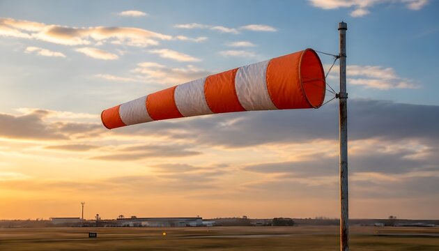 Windsock Showing Wind Direction at an Airport During a Golden Hour Sunset Over the Horizon