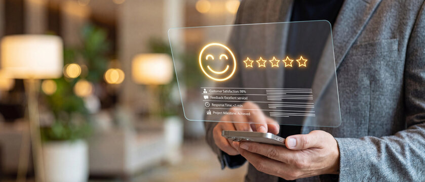 Businessman using smartphone to give fivestar rating for customer satisfaction and service feedback in a hotel lobby
