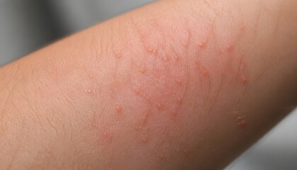 Fototapeta premium Close-up View of Red Skin Rashes Showing Irritation and Allergic Reaction on Human Arm Skin