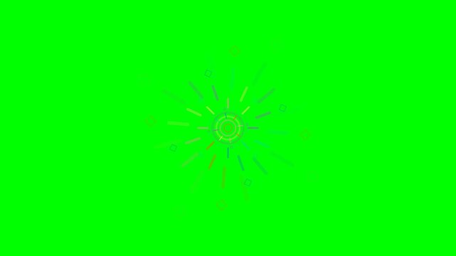 Colorful geometric graphic shapes exploding against a vibrant green screen