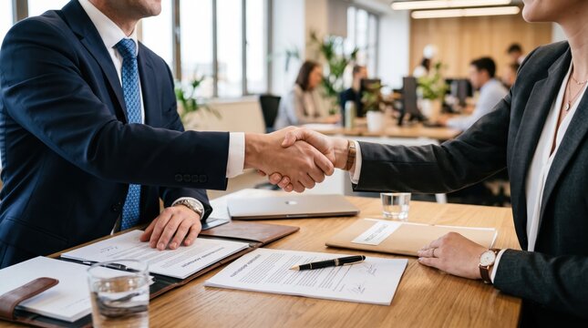 Close up of business partners shaking hands over signed contract documents on wooden table in modern office, successful deal agreement and professional partnership meeting concept